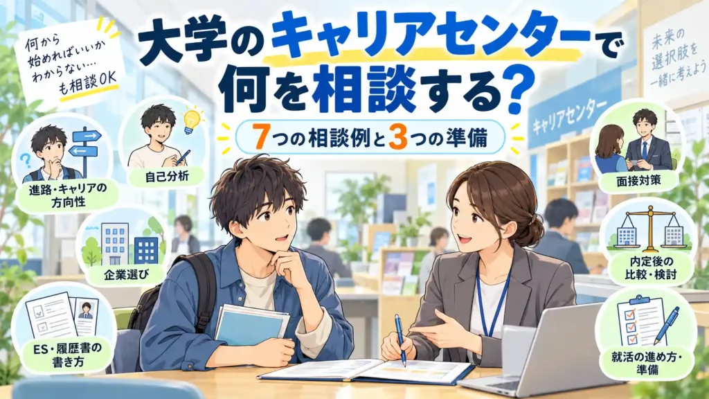 大学のキャリアセンターで男子学生がキャリアアドバイザーに就職活動の悩みを相談するイラスト。7つの相談例と相談前に必要な3つの準備を紹介。
