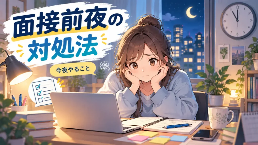 夜の部屋で、明日の面接準備に悩みながら机に向かう女子学生と、「面接前夜の対処法」「今夜やること」の文字が入ったアイキャッチ画像